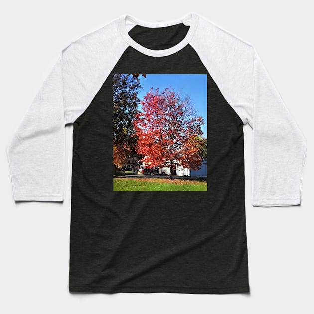 Fire Engine by Fire Station in Autumn Baseball T-Shirt by SusanSavad